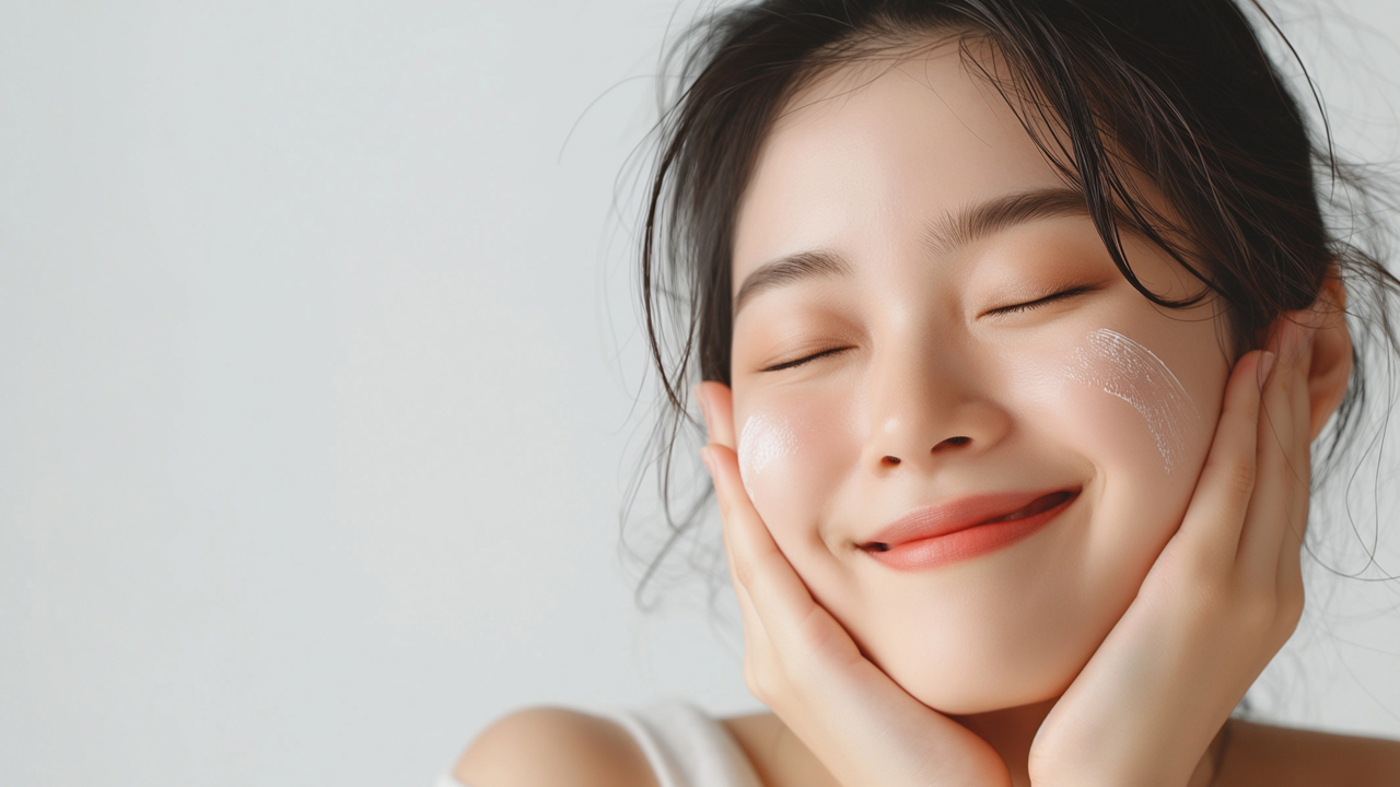 Modelo da K-beauty usando skincare